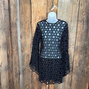Black Crochet Long Sleeve Beach Covet Up